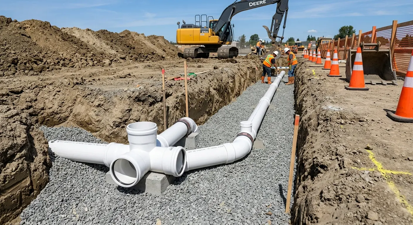 New PVC sewer pipe installation in open trench for Grease Trap Cleaning in Wood-Ridge