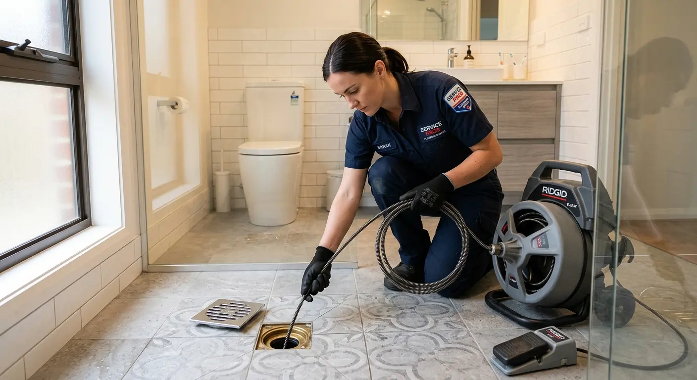 Technician clearing a bathroom floor drain for Drain Repair in Wood-Ridge